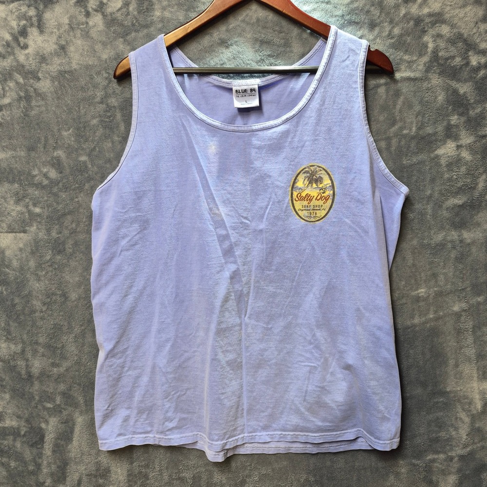 Vintage BLUE 84 Salty Dog‎ Surf Shop Tank Top Lilac Purple Graphic Size L